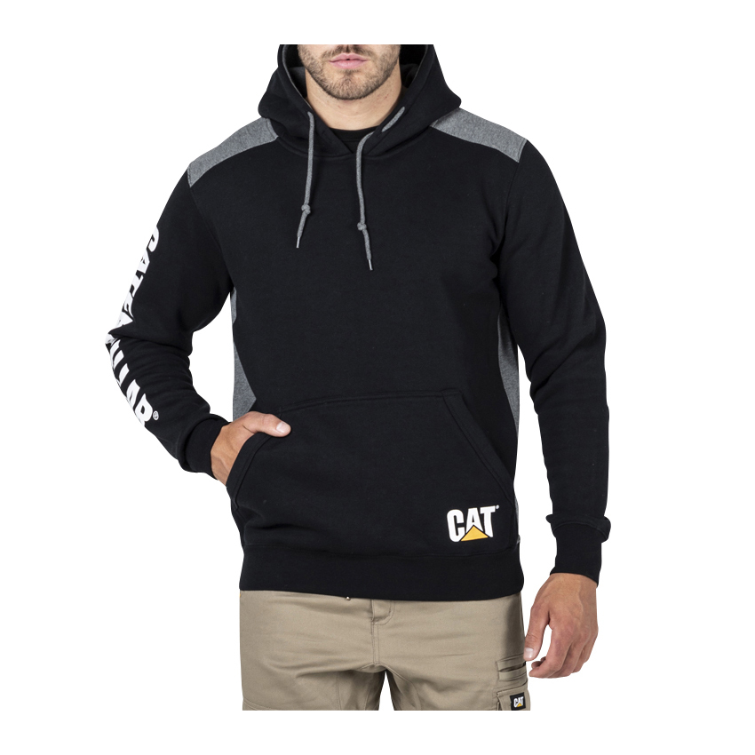 Caterpillar Logo Panel Hooded Sweat - Mens Hoodies - Black - NZ (796UWQLPO)